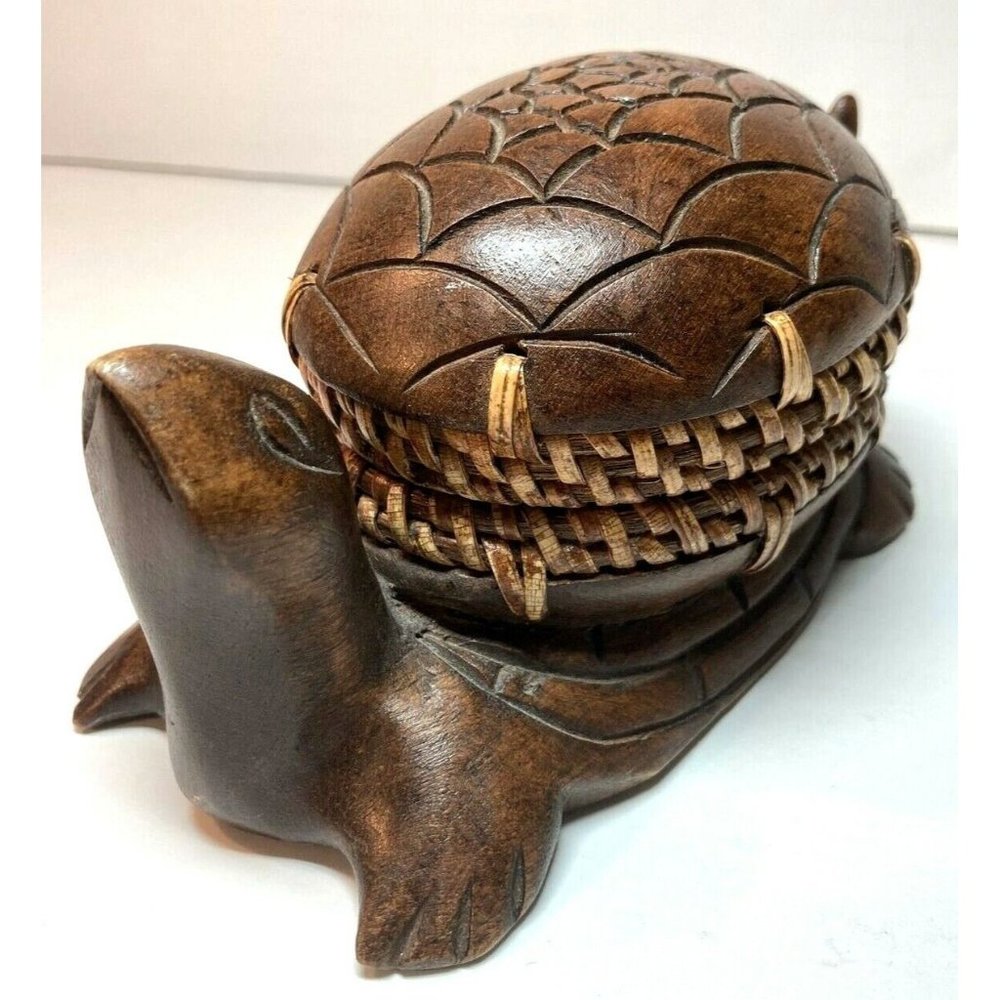 Lombok Indonesia Wood Turtle Trinket Box with Woven Wicker Rattan